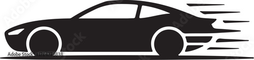 Black silhouette icon of a fast-moving sports car with speed lines, symbolizing speed and motion vector