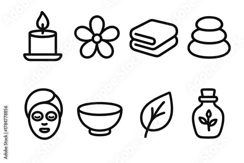 Spa and relaxation silhouette icon set. featuring candle, flower, towel, stones, face mask, bowl, leaf, oil bottle