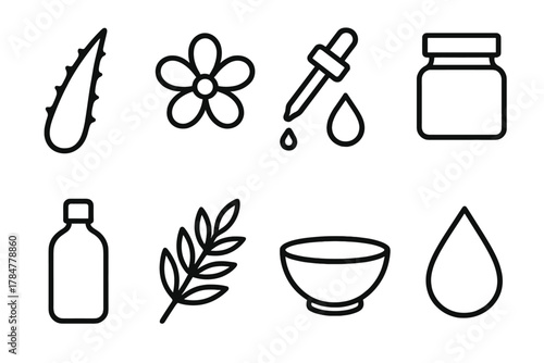 Natural beauty silhouette icon set. featuring aloe vera, flower, dropper, jar, bottle, leaf, bowl, drop