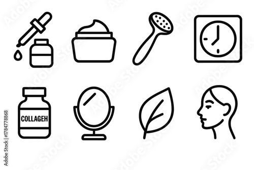 Beauty and skincare linear icon set. featuring dropper, cream, shower, clock, collagen, mirror, leaf, face