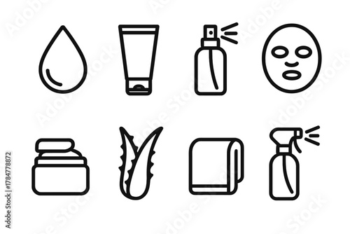 Beauty products silhouette icon set. featuring drop, tube, spray, mask, cream, aloe, towel, cleanser