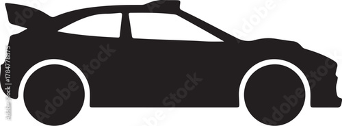 Side view silhouette of a sleek compact rally car with a prominent spoiler, isolated vector icon on white