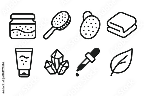 Spa and wellness silhouette icon set. featuring jar, brush, sponge, towel, cream, crystals, dropper, leaf symbols