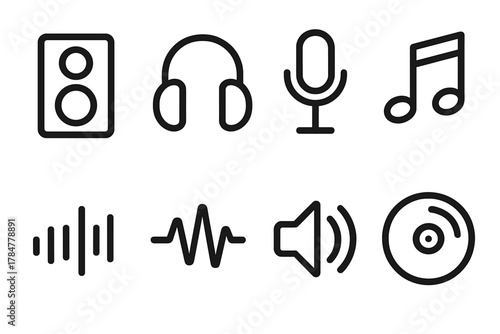 Music and sound silhouette icon set. featuring speaker, headphones, microphone, note, waveform, soundwave, volume, and disc symbols
