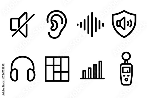 Sound and hearing silhouette icon set. including mute, ear, soundwave, speaker, headphones, and volume meter