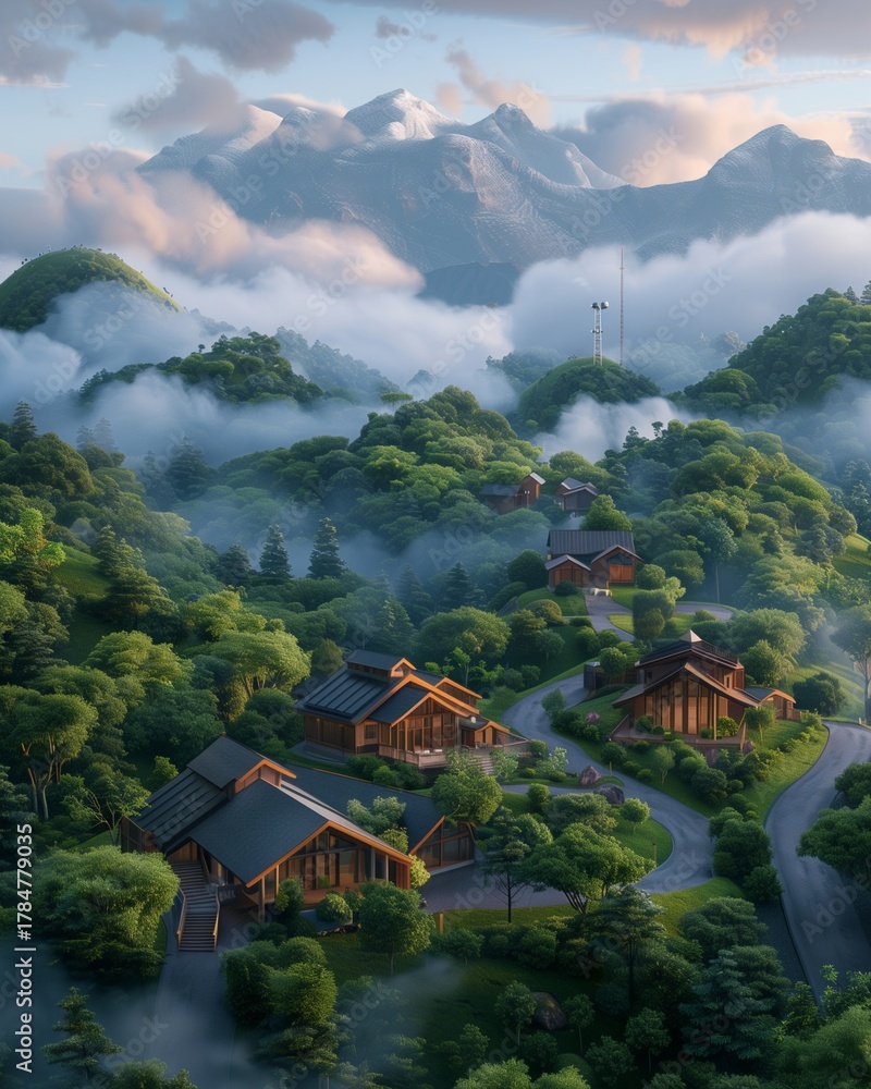 Fototapeta premium Scenic Mountain Village with Traditional Wooden Houses Amidst Misty Green Hills