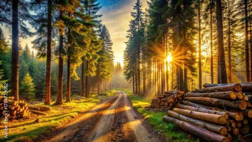 Golden Hour Forest Road Sunbeams Illuminate a Dirt Path Through Tall Pine Trees, Timber Stacks Beside