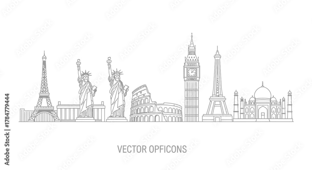Fototapeta premium Linear vector icons of famous world landmarks and monuments.