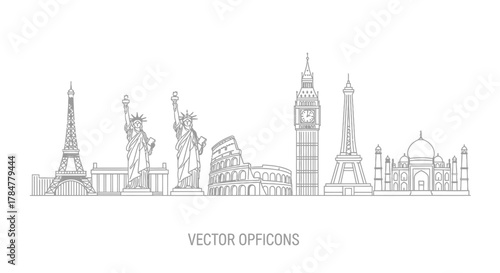 Linear vector icons of famous world landmarks and monuments.
