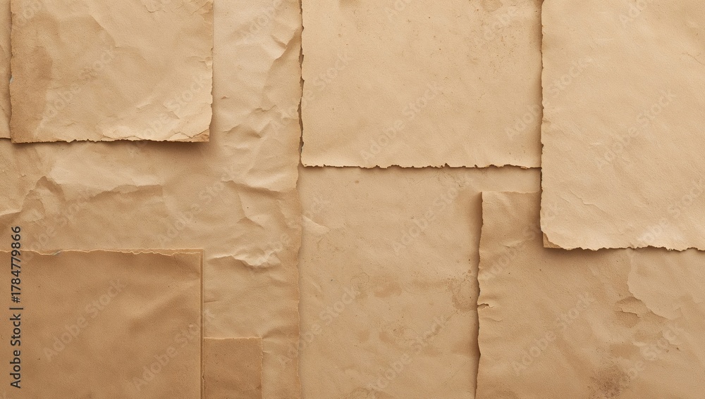 Fototapeta premium Abstract Arrangement of Beige Toned Paper Fragments with Varied Textures and Shapes.