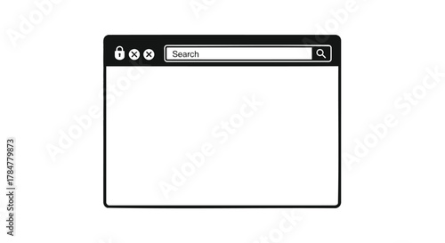 Black and white illustration of a web browser window with a search bar and navigation icons on a white background