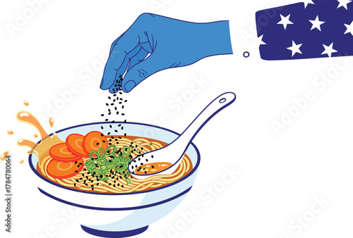 A gloved hand delicately sprinkles sesame seeds onto a savory bowl of ramen noodle soup dish