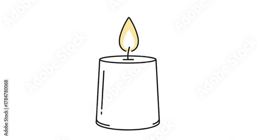 A simple line art illustration of a white cylindrical candle with a warm yellow flame burning brightly on a white background