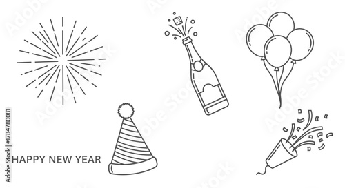 New Year Celebration Festive Elements Fireworks Champagne Balloons Party Hat.