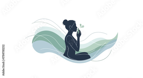 Serene silhouette of a woman meditating with gentle water waves and abstract organic shapes in calming blue and green tones