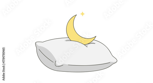 Cute cartoon crescent moon resting on a soft white pillow with a twinkling star above