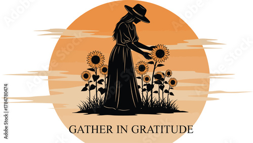 Elegant woman in sunhat gathering sunflowers at sunset in a scene celebrating rustic country life