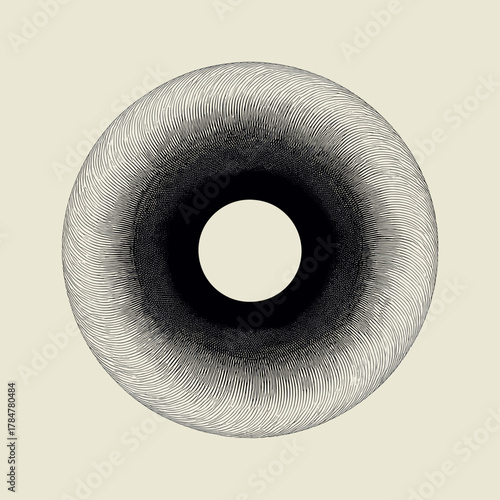 Abstract torus-like form created from fine radial lines symbolizing motion, energy, and dimensional flow in geometric minimalism