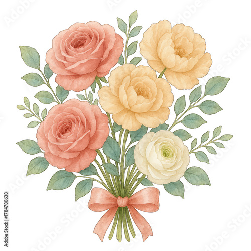 Soft pastel roses bouquet with green leaves and pink ribbon