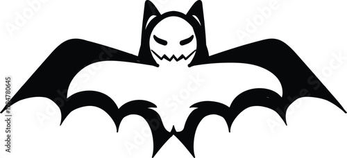 A stylized black bat with a spooky, grinning skull face and large wings spread wide, isolated on a white background.