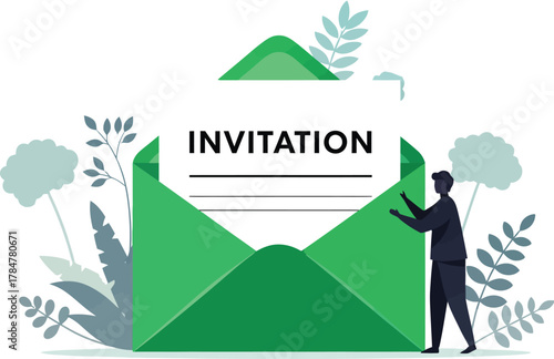 Send an invitation to a celebration event with a green envelope and floral decorations for a party