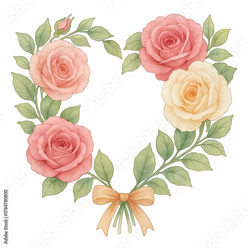 Romantic heart shape wreath with pink and cream roses and green
