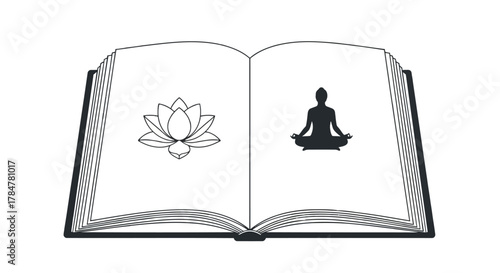 Open book displaying a lotus flower outline and a silhouette of a person meditating in a yoga pose