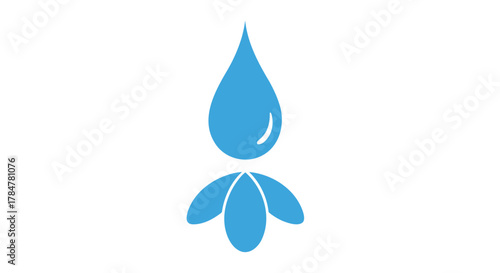 Stylized blue water drop with a flower like shape emerging from its base on a white background