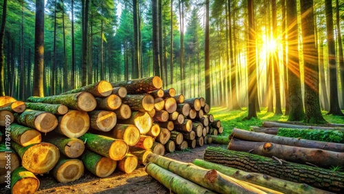 Golden sunlight streams through a dense forest, illuminating a large stack of freshly cut logs, a scene of natural resource management and forestry