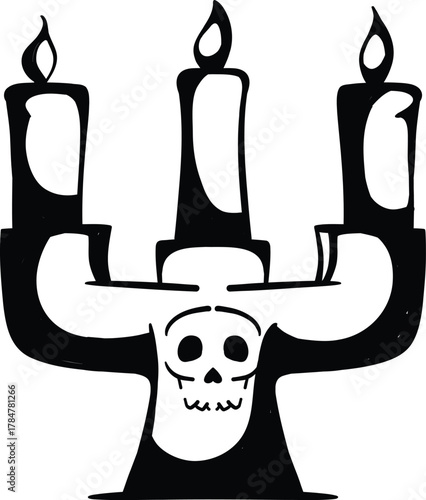 Black and white illustration of a gothic candelabra with three lit candles and a skull base.