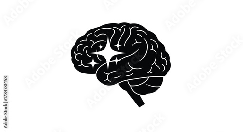 Stylized black silhouette of a human brain with a bright sparkling starburst in the center symbolizing innovation and creativity