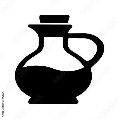 Simple black silhouette icon of a glass cruet or carafe filled with liquid representing oil or vinegar on a transparent background