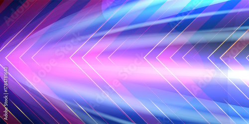 Neon glowing arrows showing forward, futuristic bright laser light stripes. Dynamic motion speed boost concept, pink blue optical flares. Cyber abstract technology background, shiny lines texture.
