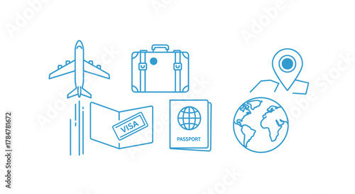 Set of blue line art icons for international travel and tourism.
