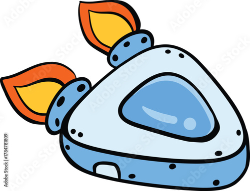 A cartoon-style light blue triangular spaceship or hovercraft with orange flames coming from its two engines, featuring rivets and a cockpit window.