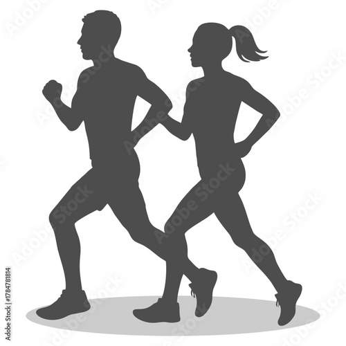 Running Couple Silhouette Gray Vector Illustration
