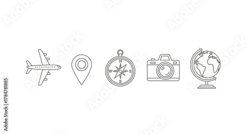 Set of Travel Icons Airplane Location Compass Camera Globe.