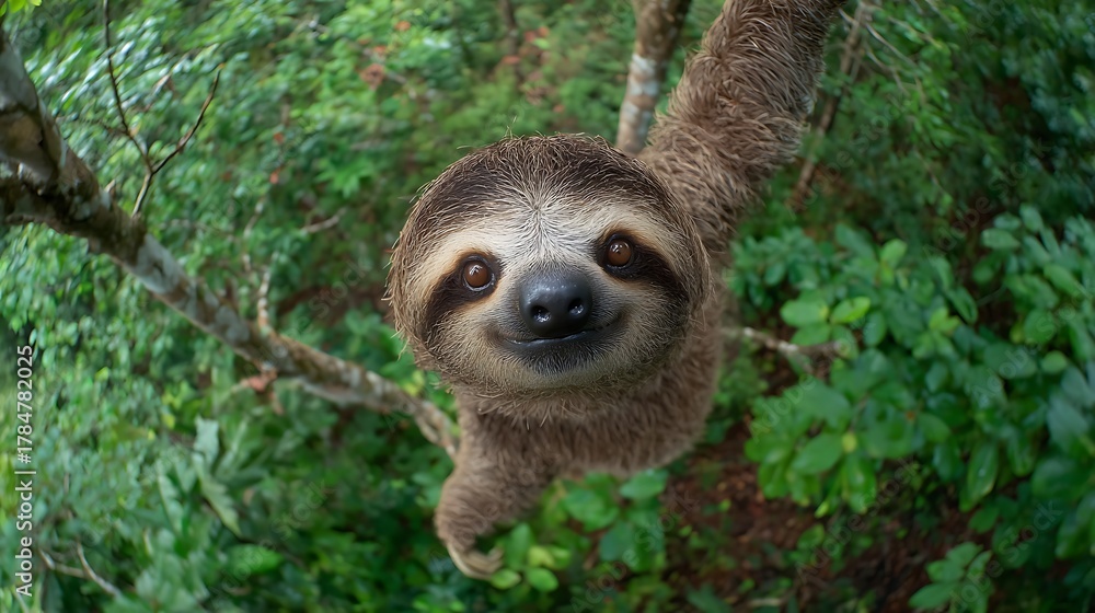 Naklejka premium Close up shot of a sloth hanging from a tree branch surrounded by lush green foliage in nature