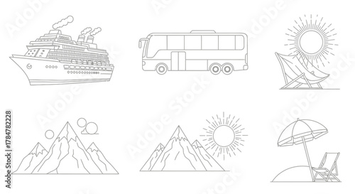 Travel and tourism icons set featuring cruise ship bus mountains and beach elements.