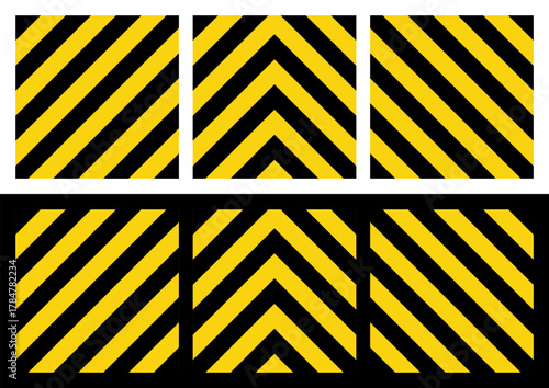 Warning sign with yellow and black diagonal lines. Attention, danger or caution symbol. Construction site signage, road safety notice, hazard banner, security alert shield. Vector illustration.