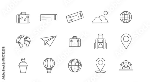 Travel and tourism icons set representing vacation and journey elements.