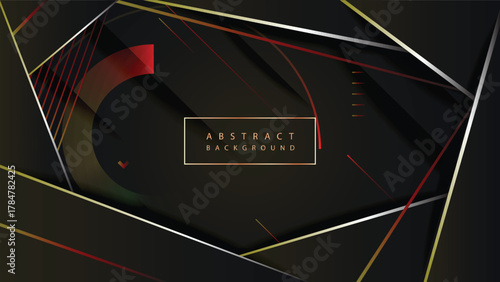 Abstract geometric dark background with gold, silver and red lines