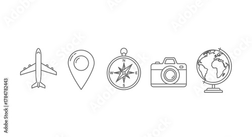 Travel Icons - Airplane, Location Pin, Compass, Camera, and Globe.