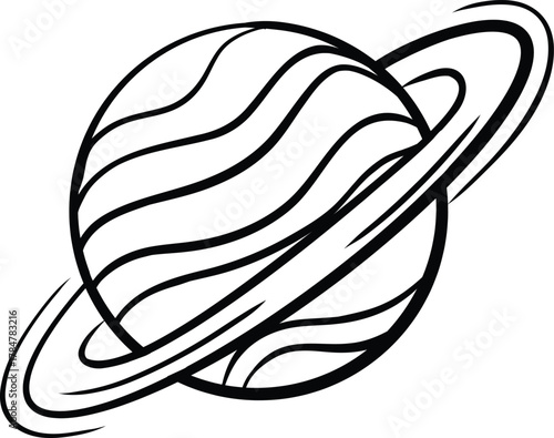 A black and white outline drawing of a ringed planet, resembling Saturn, with distinct horizontal stripes on its spherical surface.