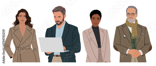 Diverse business professionals standing dressed in stylish muted tone outfits. Clean lines, subtle shading, corporate aesthetic. Modern vector illustration isolated on transparent background