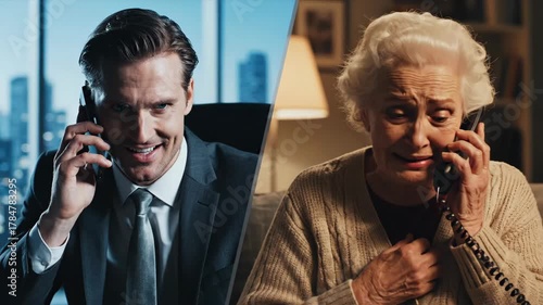 A deceptive man scams a vulnerable elderly woman over the phone. Split-screen showing a financial fraud call targeting a senior citizen. Elder abuse and crime concept