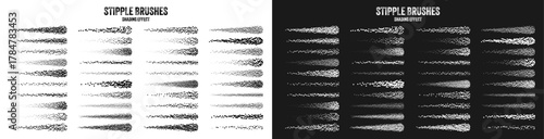 Ink scatter brush, stipple drawing and texturing. Fading gradient. Stippling, dotwork drawing, shading using dots. Halftone disintegration effect. White noise grainy texture. Vector illustration.