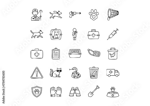 Animal Control & Rescue: Service Vector Icons, Pet Safety & Shelter: Line Art Icon Set, Wildlife Management Essentials: Black and White Icons