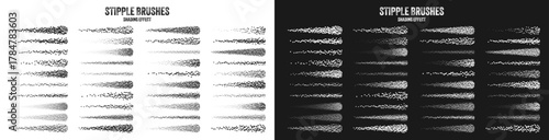 Ink scatter brush, stipple drawing and texturing. Fading gradient. Stippling, dotwork drawing, shading using dots. Halftone disintegration effect. White noise grainy texture. Vector illustration.