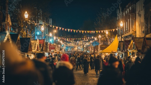 Bustling Nighttime Christmas Market With Festive Lights And Crowds. Celebrating Holiday Spirit